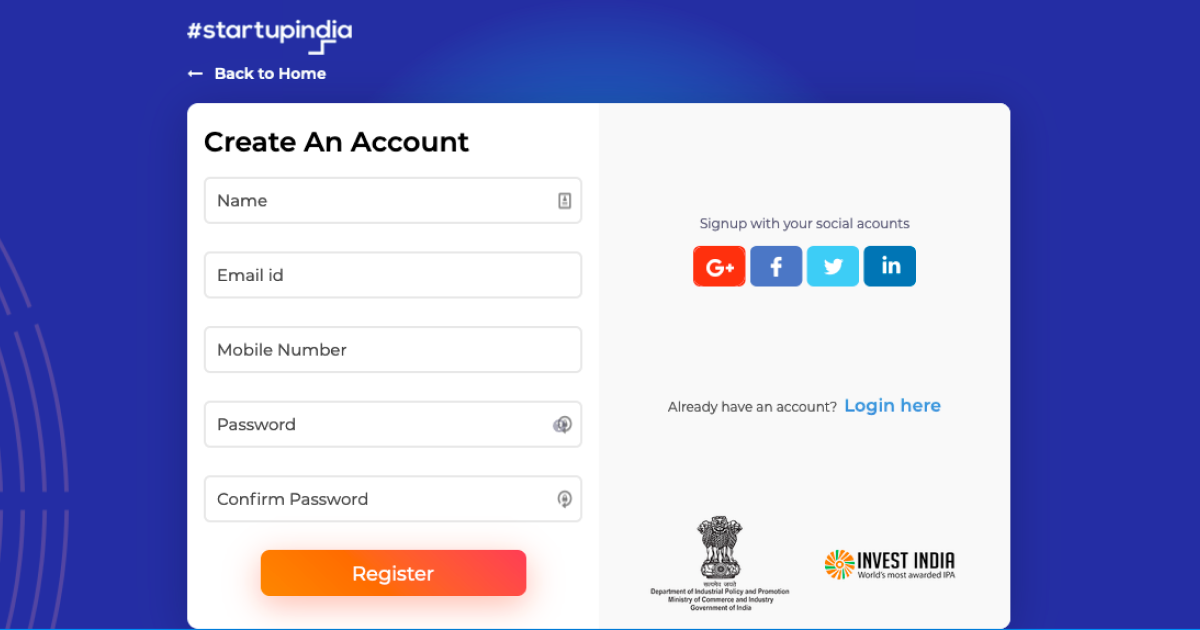 Sign up or login to your account on the Startup India portal