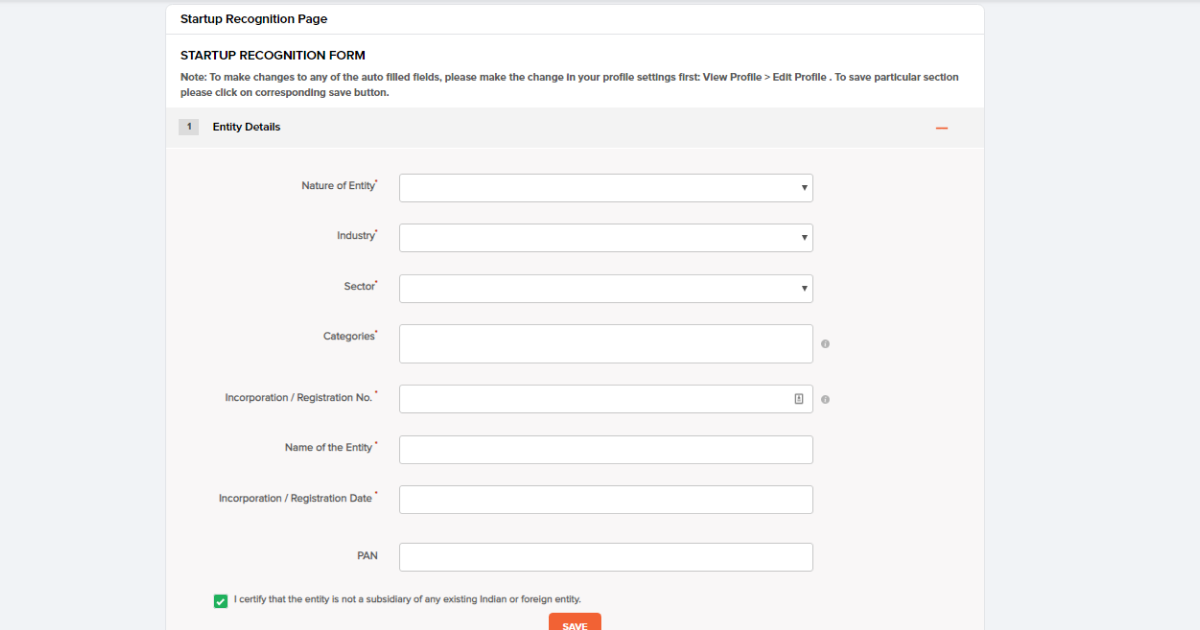 Head to the startup recognition page and fill out the details of your entity