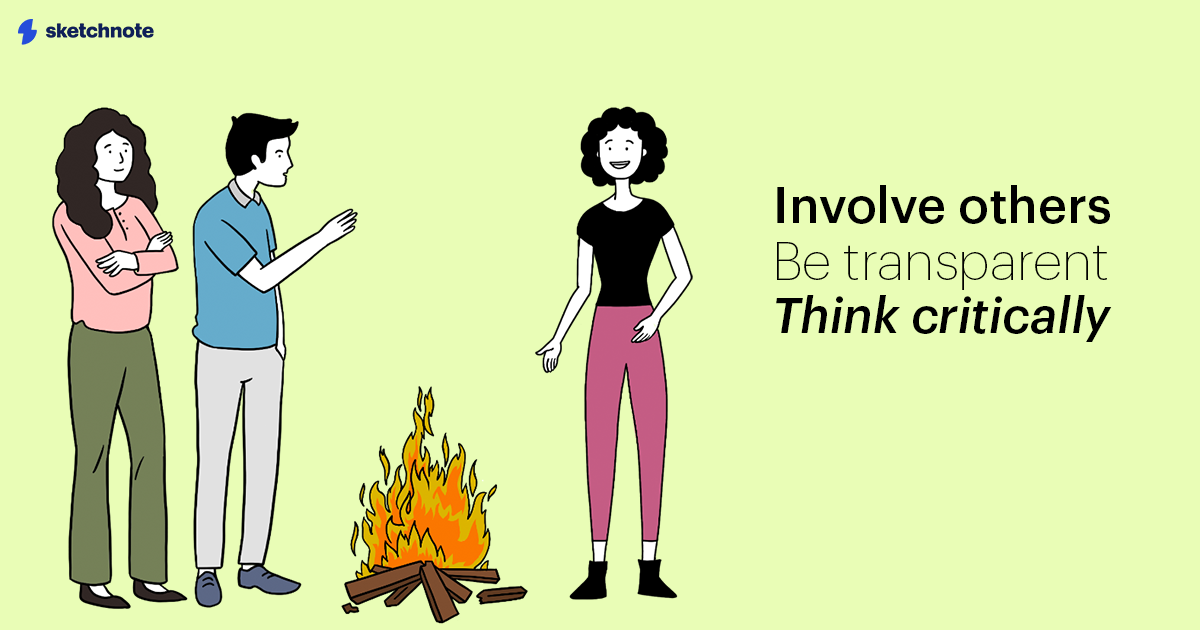 An illustration of Nancy Newman by a campfire with a male and female colleague. The male colleague is in conversation with her while the female colleague has her hands crossed as she smiles. The word cloud around Nancy reads: Involve others, be transparent, think critically