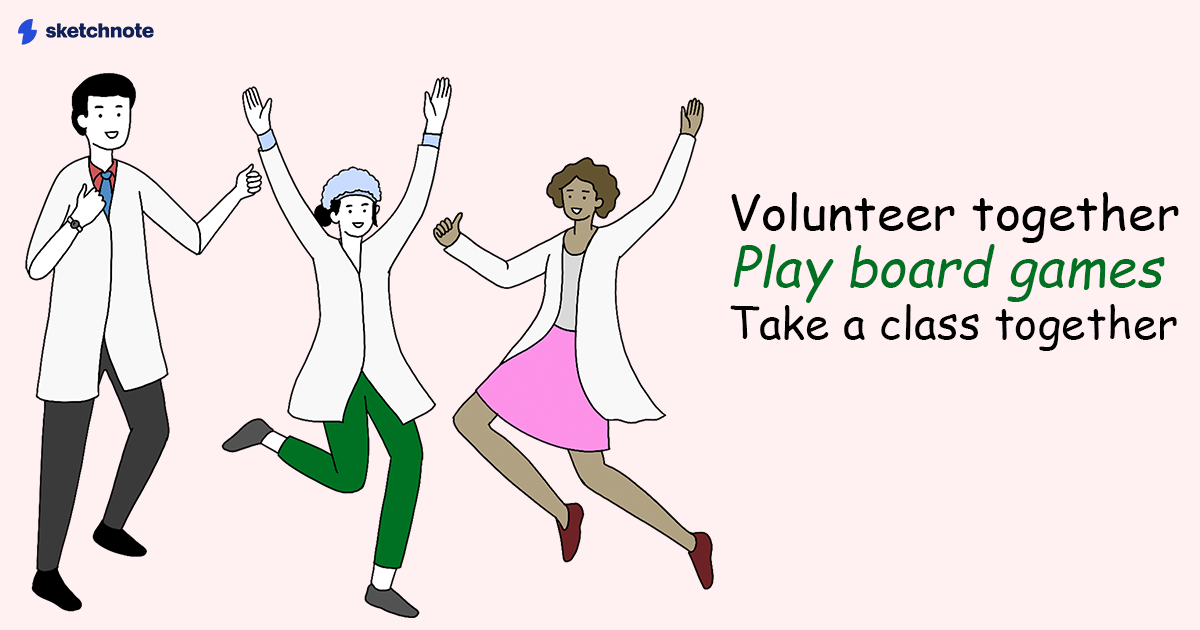 An illustration of three teammates wearing labcoats jumping in joy. There are two women and one man in this illustration. A word cloud around them reads, Volunteer together, play board games, take a class together