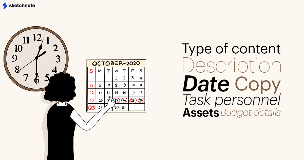 An illustration of a Sketchnote character next to a clock and a calendar. The word cloud around her reads "Type of content, description, date, copy, task personnel, assets, budget details
