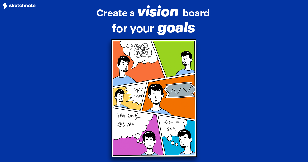 An illustration of a 6 panel comic with Sketchnote character Wiz Osbourne. It looks like an action comic, but the words are squiggly lines. The caption above it reads, "Create a vision board for your goals"