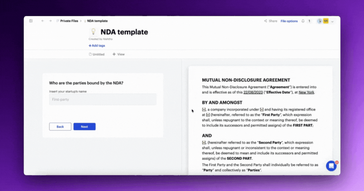 A gif showing the fill-and-go capabilities of Sketchnote contracts. A contract is being filled on the right of the screen as answers are being inputted in the left