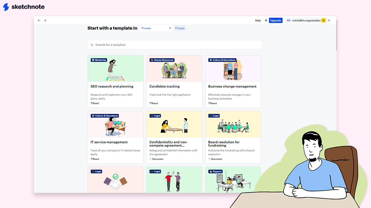 A screenshot of Sketchnote's template store with multiple templates. A Sketchnote illustrated character is sitting besides the screenshot