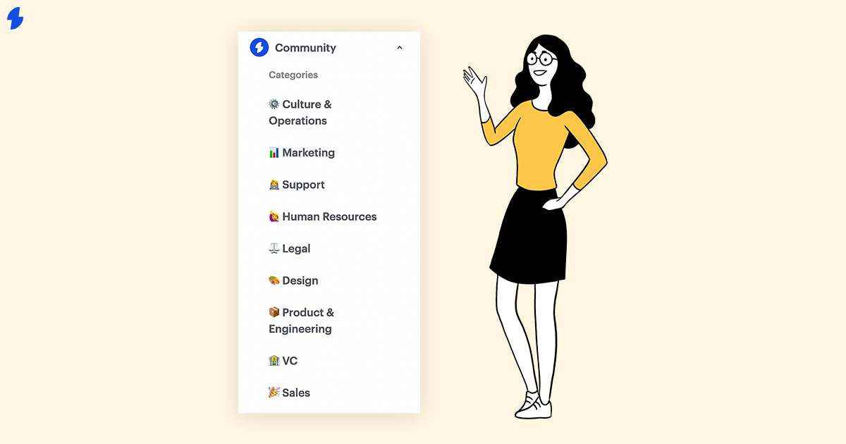 A screenshot of the nine categories of Sketchnote templates: Culture and operations, marketing, support, human resources, legal, design, product and engineering, VC, sales. A Sketchnote illustrated character is pointing at the image