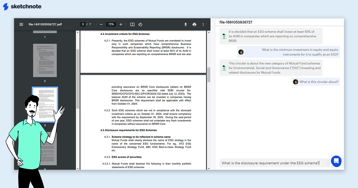 A screenshot of a PDF document uploaded on Sketchnote's AI QueryBot. A few questions have been asked of it, and the bot has answered them. An illustrated Sketchnote character stands in front of the screenshot