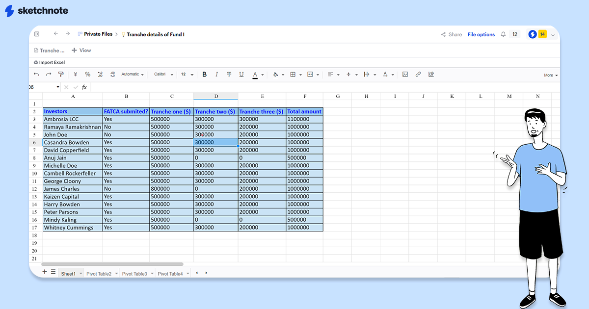 A spreadsheet on Sketchnote called Worksheets 