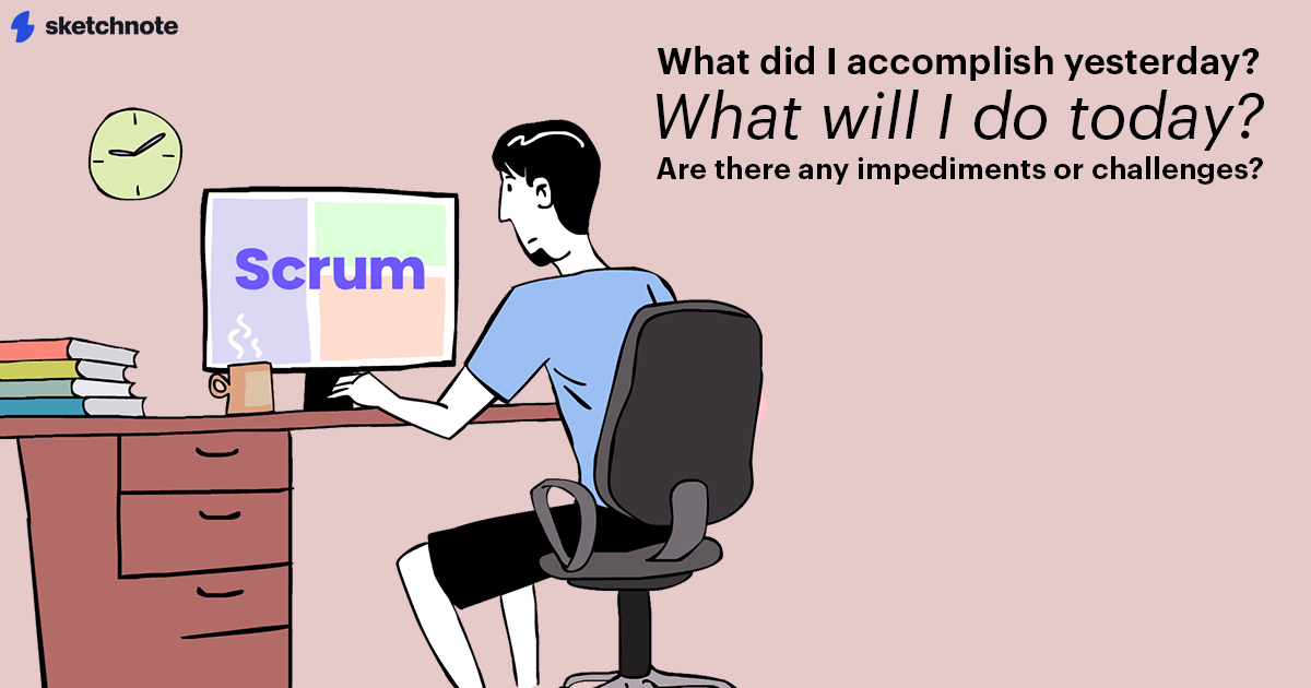 An illustration of a man sitting in front of a computer with the word Scrum written on the screen. There's a clock on the wall and the time is 9:05. There are books on the table as well as a steaming cup of coffee. The three questions around him reads What did I accomplish yesterday? What will I do today? Are there any impediments or challenges?
