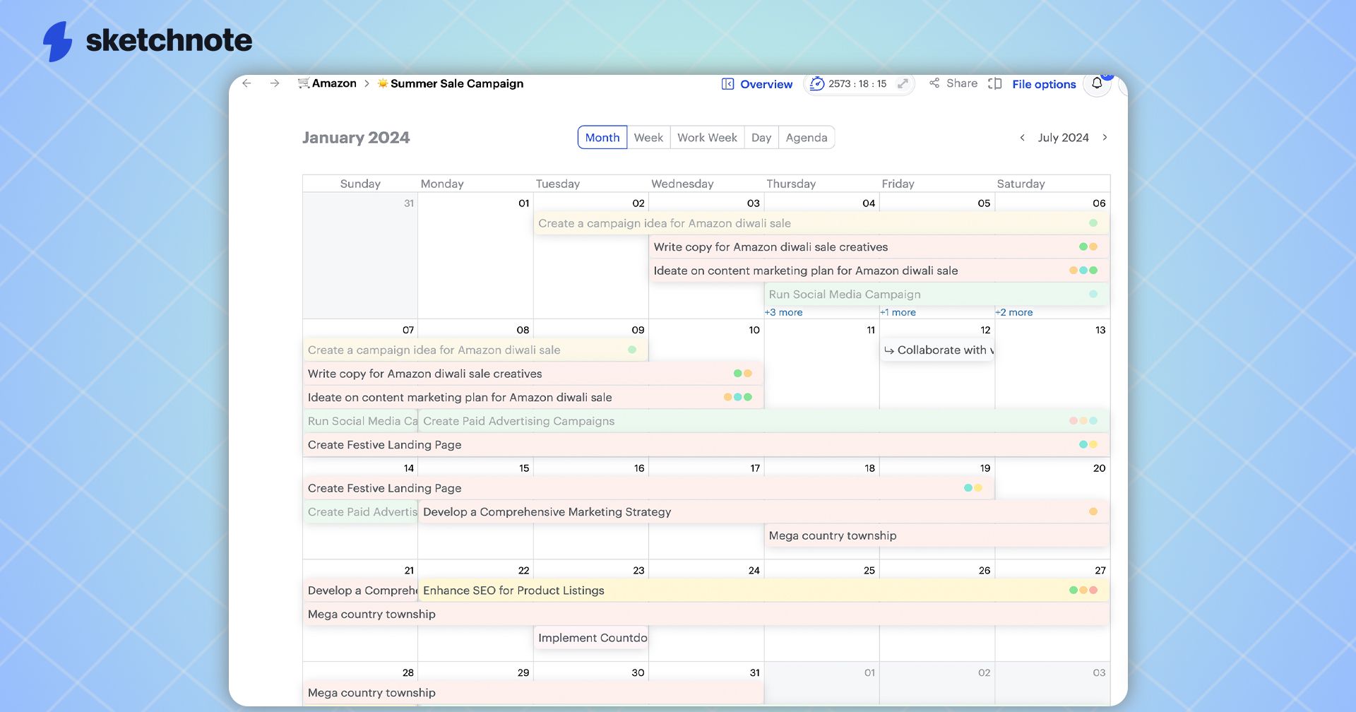 A screenshot of Sketchnote's calendar view with tasks filled across it in different colors indicating the status they're in