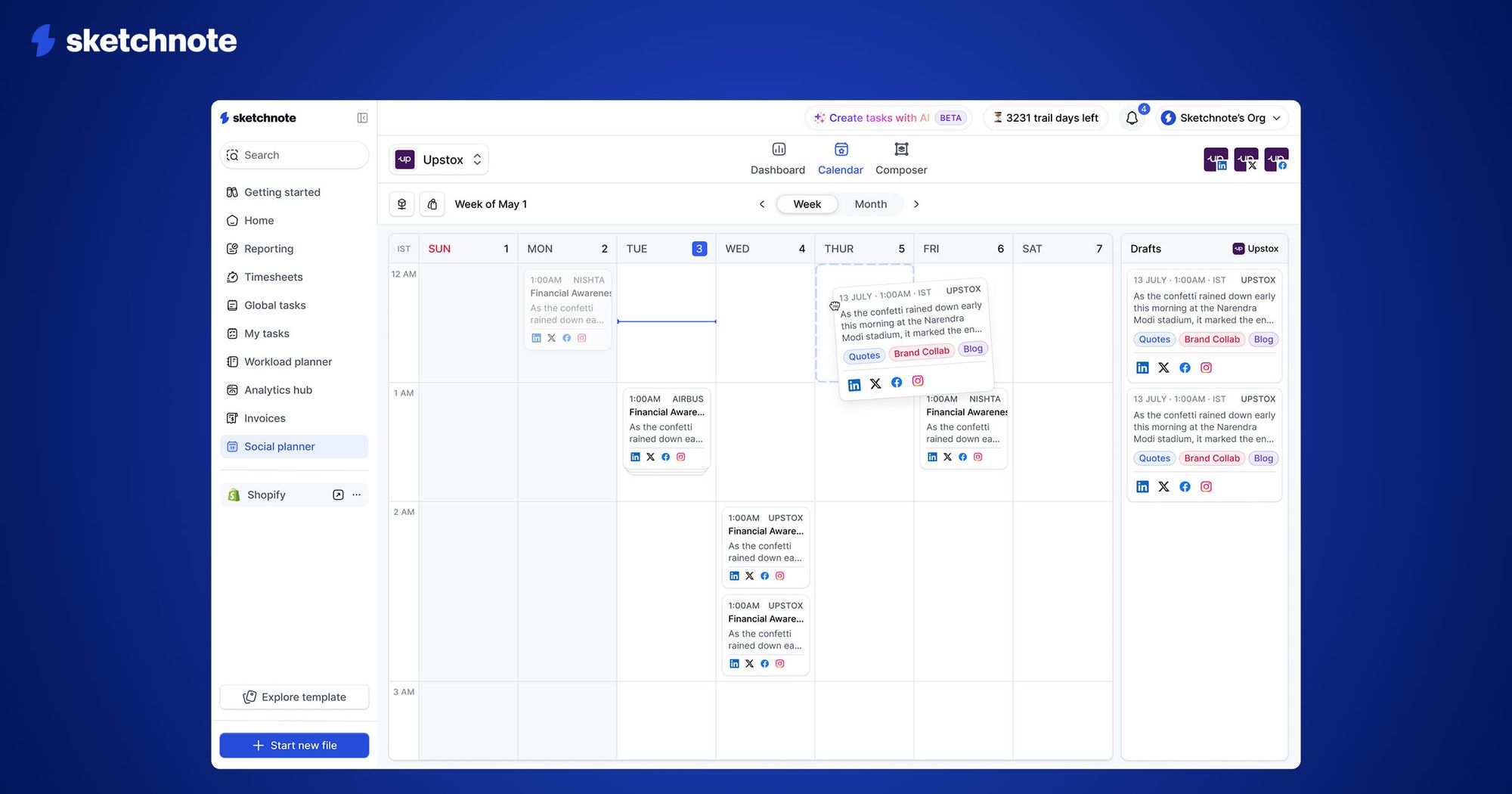 A screenshot of Sketchnote's social media manager content calendar