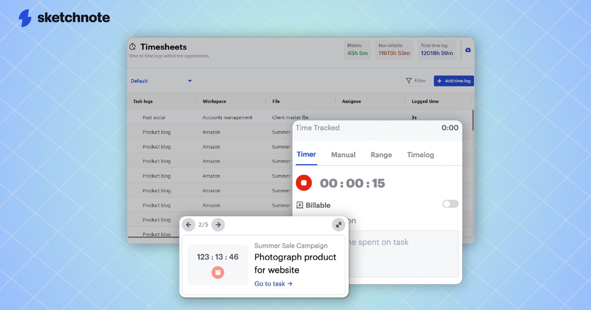 Three screenshots of Sketchnote's time tracking features—a timer, a timer widget, and timesheets