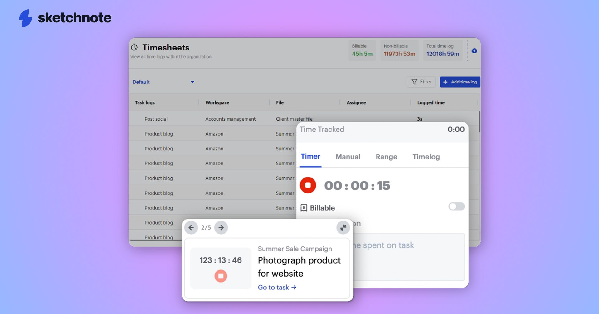 A screenshot collage of Sketchnote's time tracking tools. Timesheets are in the background with the time tracking widget on in the foreground