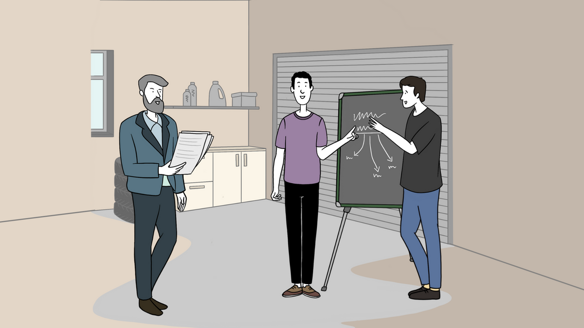 An illustration of an investor approaching two founders in a garage