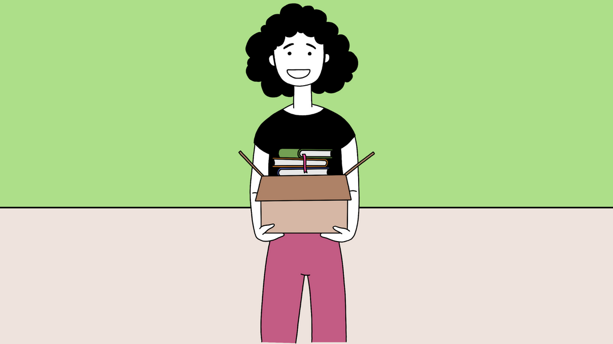 Sketchnote character Nancy Newman holding a carton with three books in it. She's smiling 