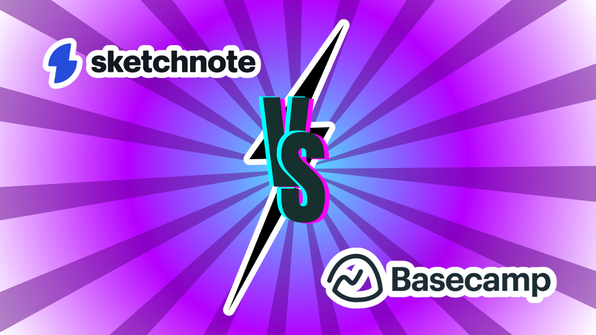 A versus image that reads Sketchnote vs Basecamp on a purple background