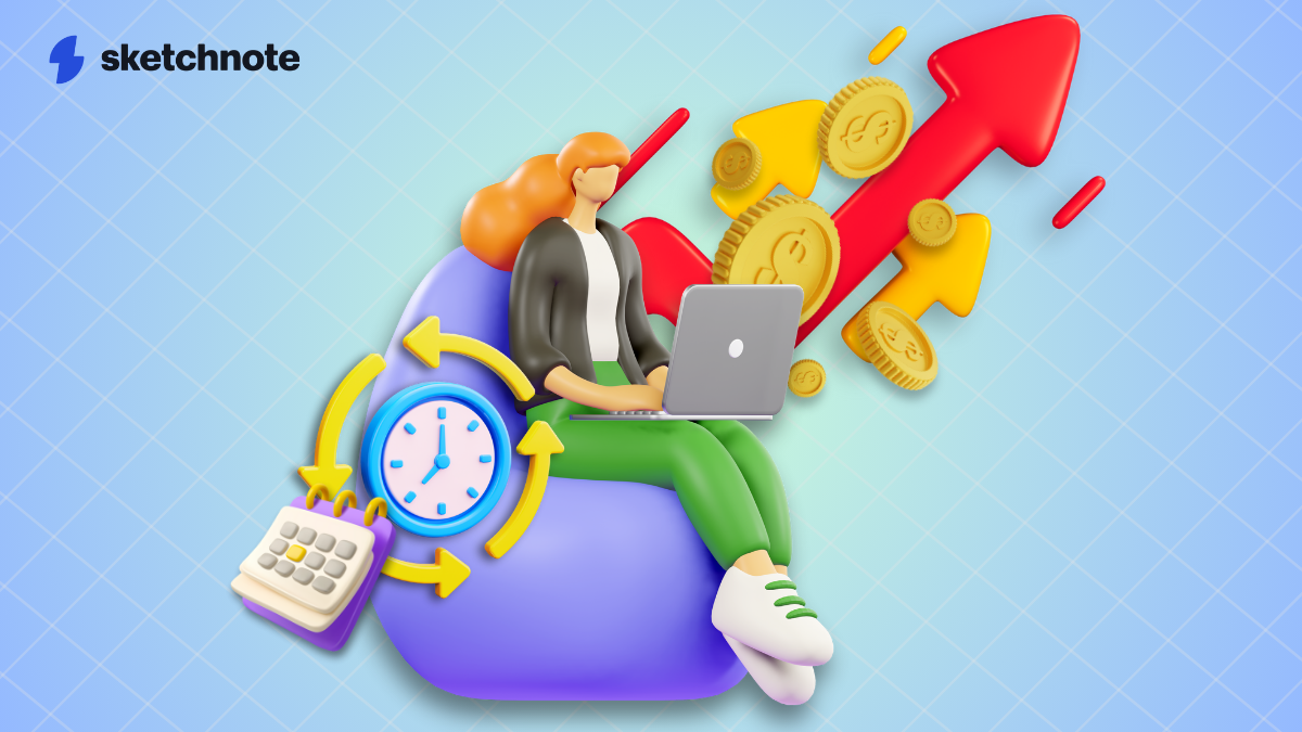 A clay animation image of a woman sitting on a bean bag with icons around her indicating time management 